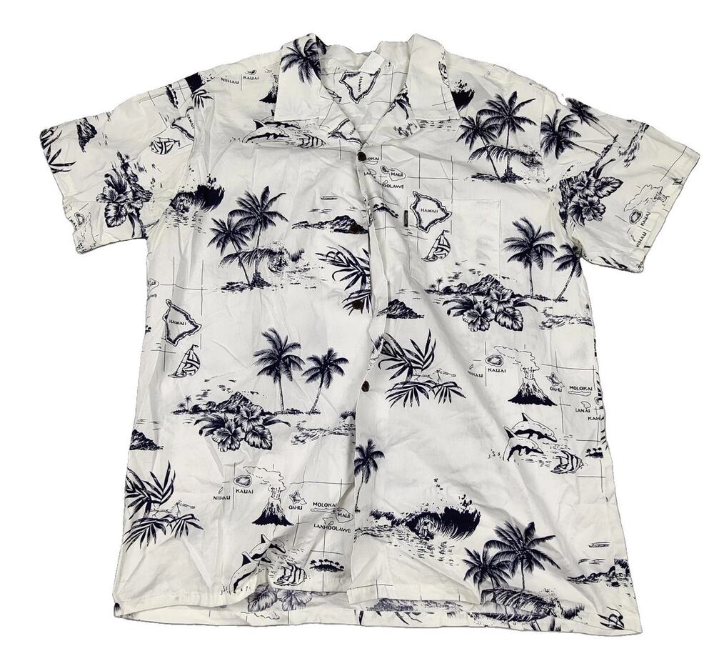 Palmwave Shirt Mens 2XL White Hawaiian Tropical Short Sleeve Button Up Casual